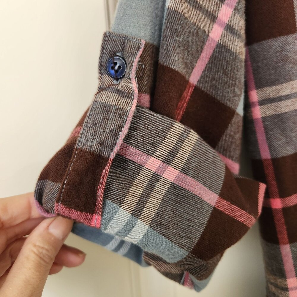Matchstick Plaid Flannel Button-Up Shirt Blue Brown Pink Cabincore Woodsy Rustic - Picture 5 of 9